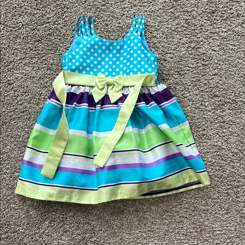 Jessica Ann Aqua Polka Dot & Striped Dress with Lime Bow